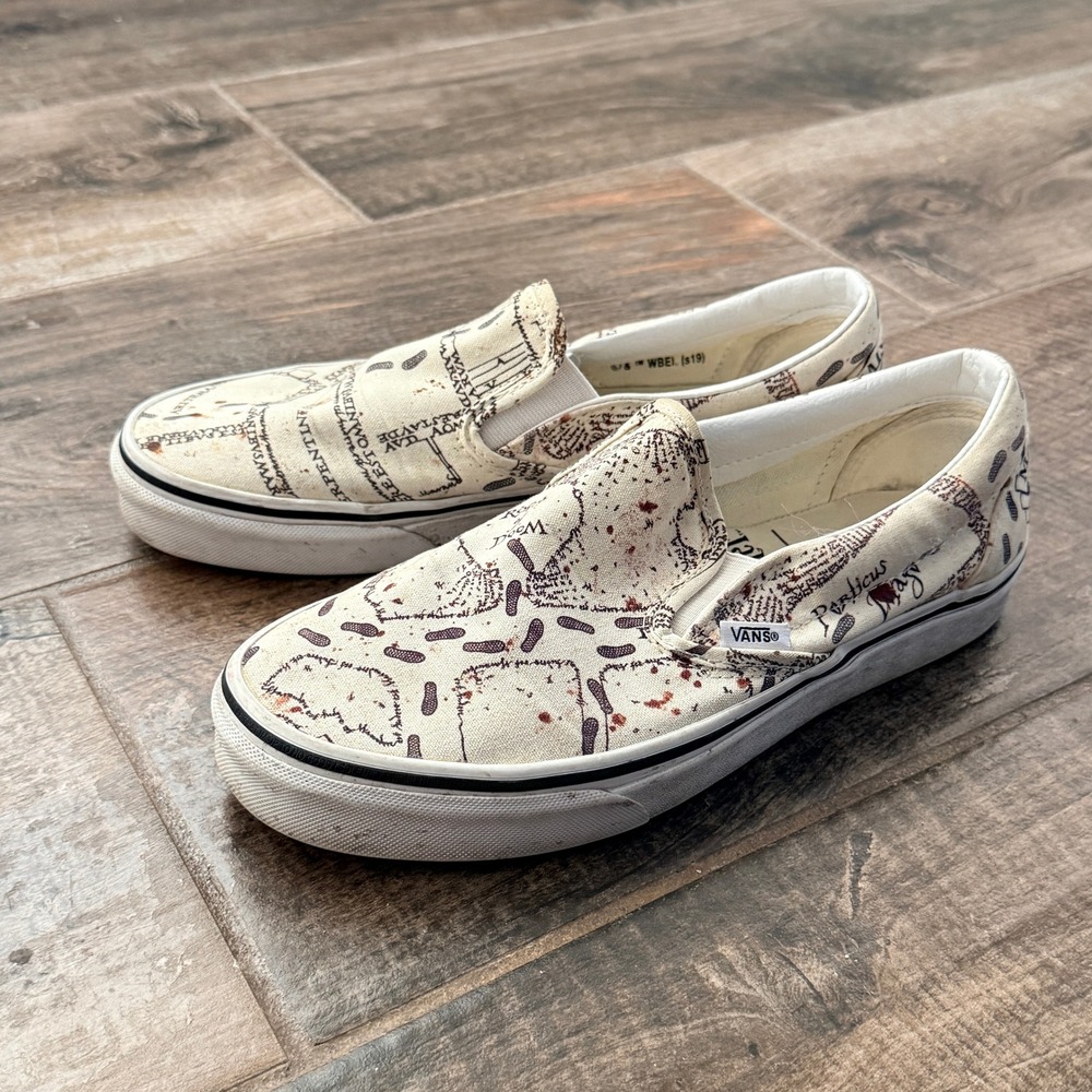 VANS Unisex Harry Potter Marauder's Map Slip-on Casual Shoes,White Black,8M/9.5W